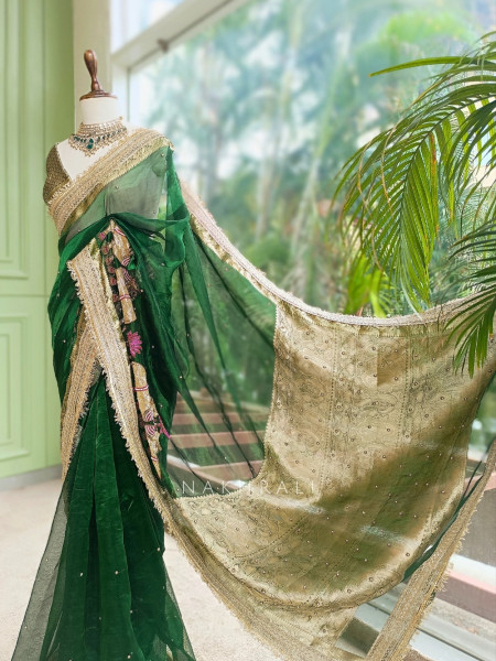 Vraj Ras Green Banarasi Tissue Silk Saree – Hand Embroidery & Zari Border