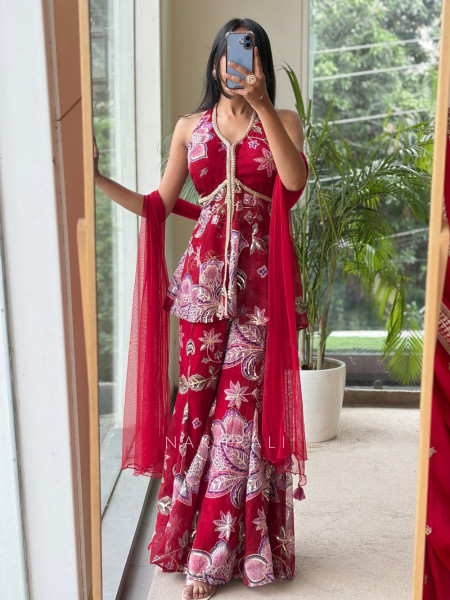Gulbahar Maroon Indo-Western Peplum Sharara Set