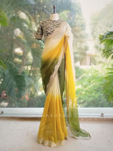 Harini Yellow Green Ombre Saree with Sequin Lace