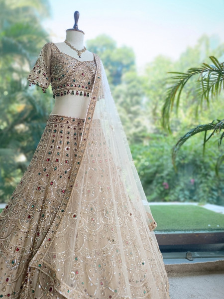 Ruby Kundan  Beige Satin Lehenga