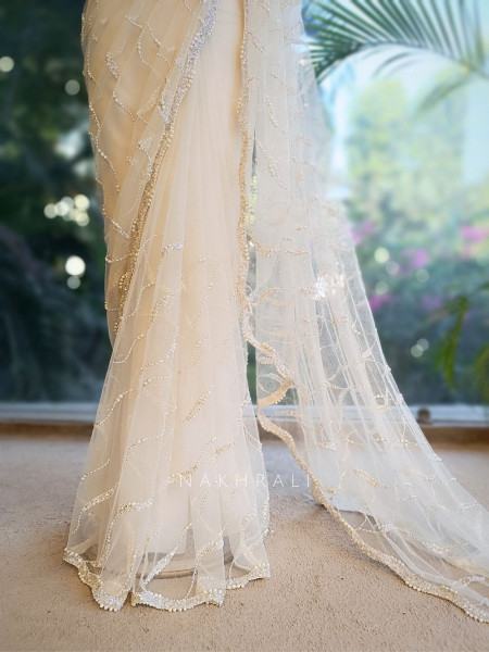Lumina White Net Saree with Cut Dana & Bead Work