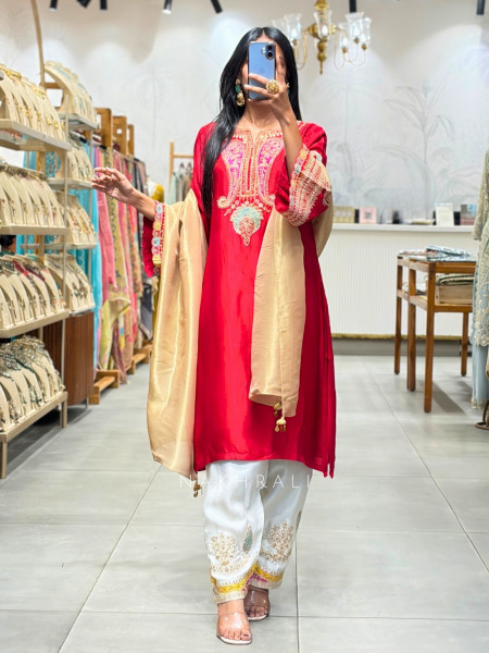 Resham Rang Red Silk Blend Farshi Suit Set With Zari, Zardozi & Resham Embroidery