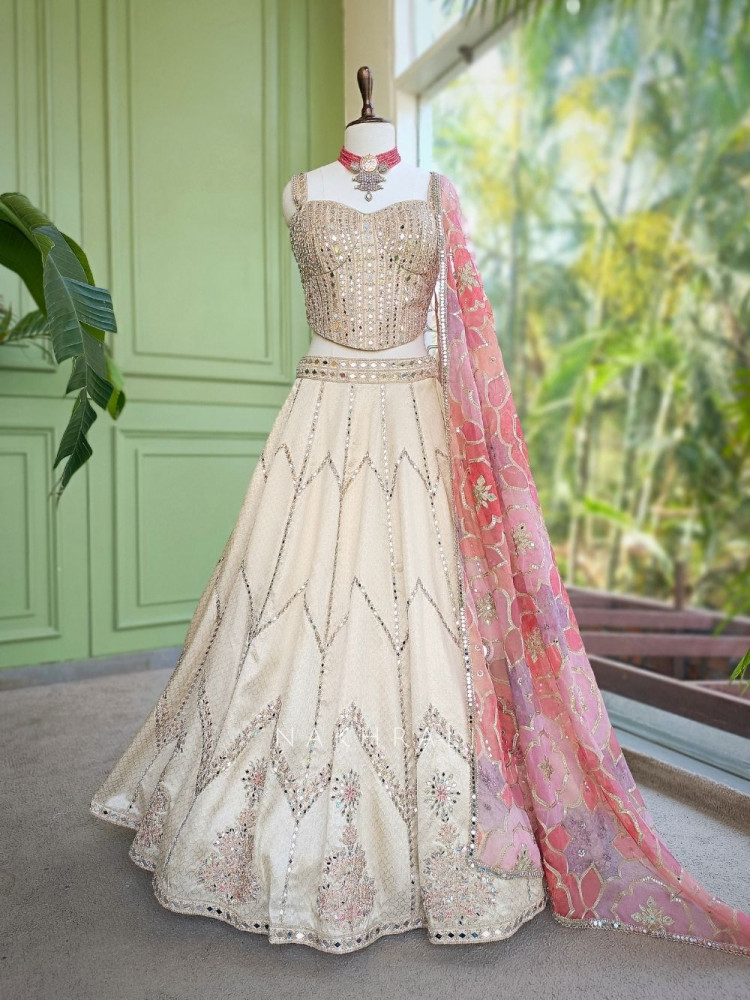 Image of Darpan Pink Silk Corset Lehenga with Mirror Work