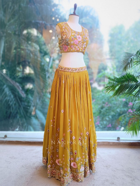 Ira Mustard Embroidered Crop Top Skirt Set with Cape Dupatta