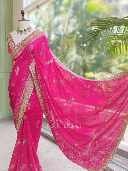 Surahi Magenta Pure Georgette Crepe Silk Bandhani Saree with Gota Patti Zardozi Border