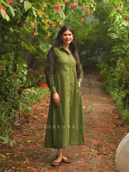 Sahir Green Cotton Button-Down Dress