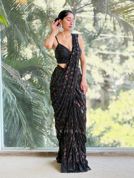 Midnight Haze Black Drape Saree with Sequin and Cut Dana Work
