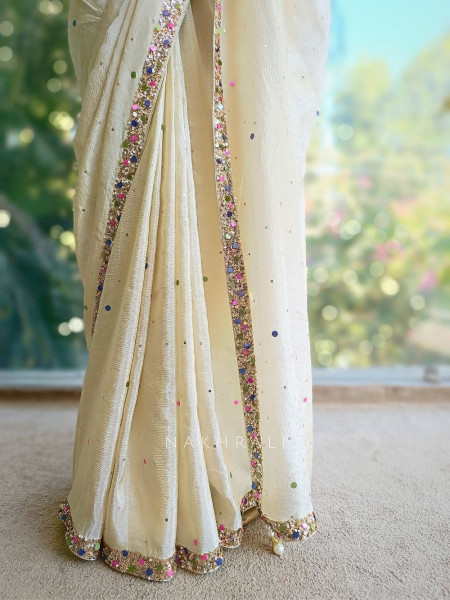 Eclipse Cream Crushed Tissue Saree with Sequin and Pearl Work