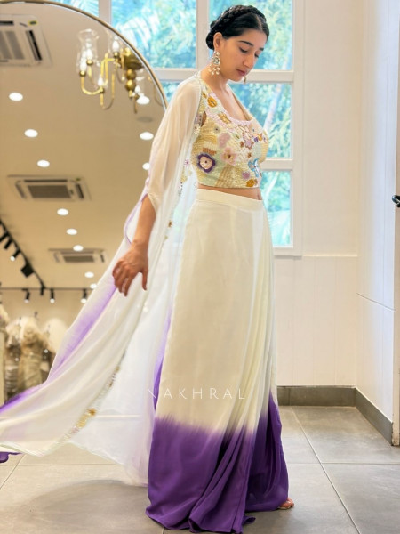 Seraphina White Purple Crop Top Skirt Set with Cape Dupatta