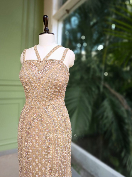 Aria Beige Sequin Cut Dana Gown with Pearl Detailing