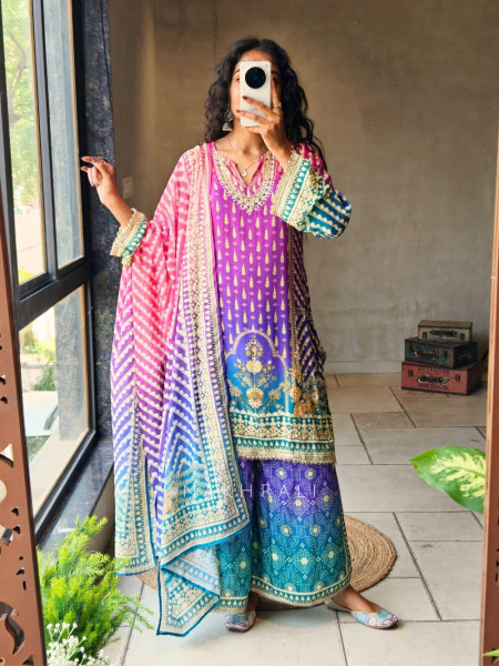 Zenvira Multicolor Printed Kurta Palazzo Set with Mirror Neck Detail