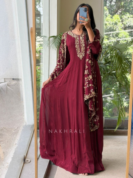 Gulnaaz Maroon Premium Faux Georgette Anarkali Suit Set