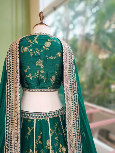 Orvian Green Lehenga Set with Floral Weave Sequin Border Work