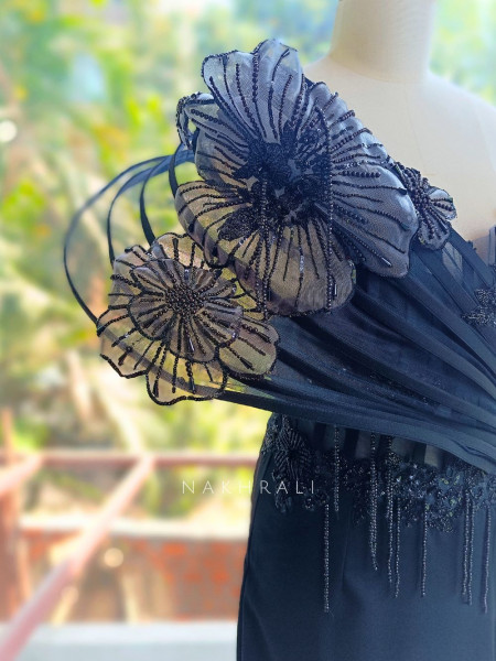 Sylrix Black Statement Gown with 3D Floral Sequin Embroidery