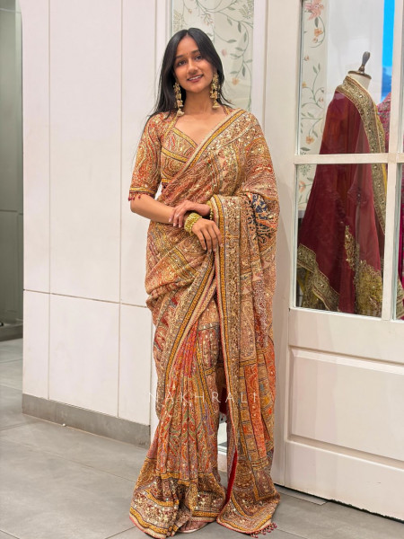 Virel Rust Designer Saree with Bead Stone Embbroidered Blouse