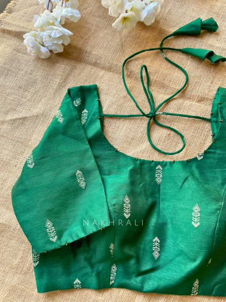 Miwa Green Silk Blouse with Ikat Butti