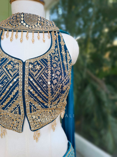 Serenya Blue Sequin Palazzo Set with Choker Dupatta