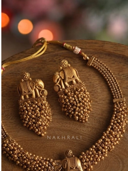 Gajmangal Traditional Golden Necklace with Earrings