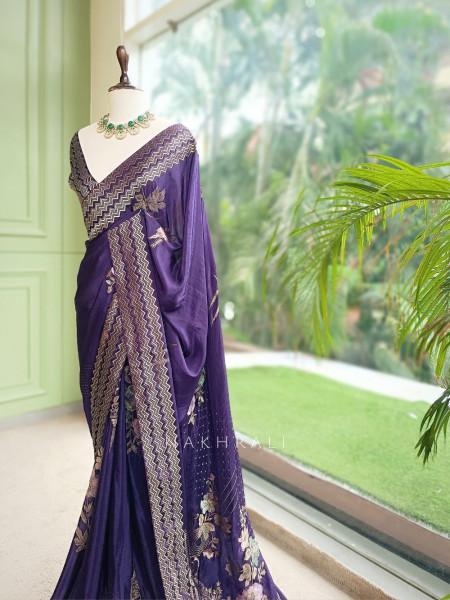 Vionika Plum Purple Chiffon-Crepe Saree With Chevron Zari Border & Floral Embroidery