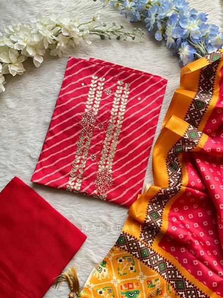 Saanjh Red Bandhani Print Dress Material with Gota Patti Neck Work