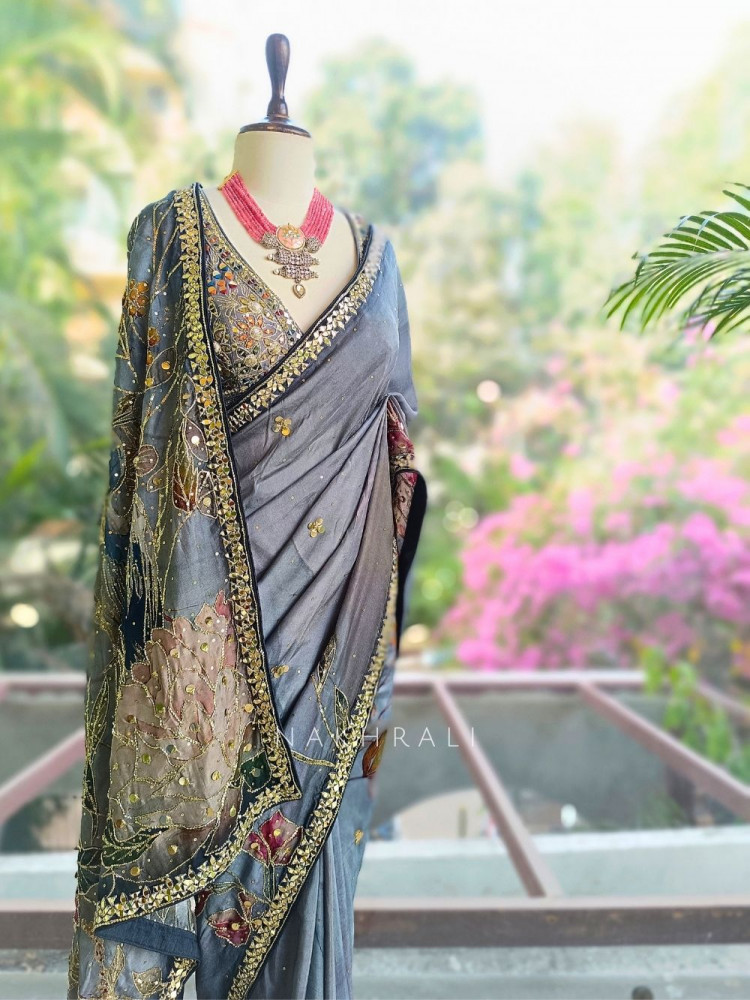 Image of Chandani Baag Grey Floral Saree with Mirror Sequin Embroidery