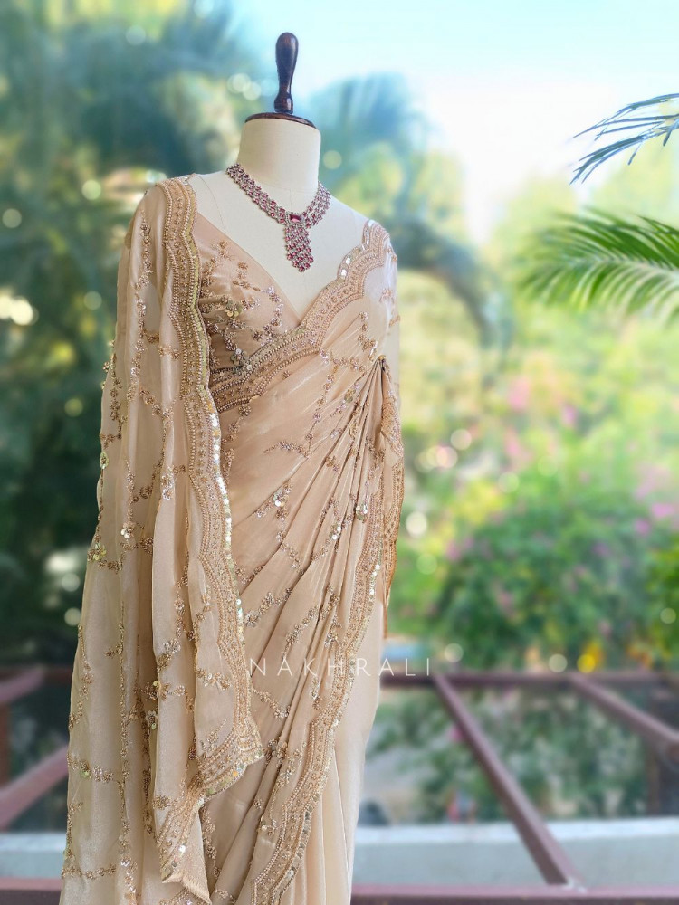 Image of Rimsun Beige Sequin &amp; Bead Embellished Saree