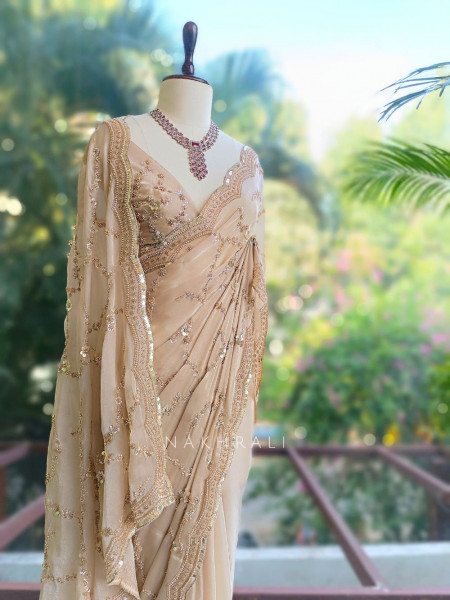Rimsun Beige Sequin & Bead Embellished Saree