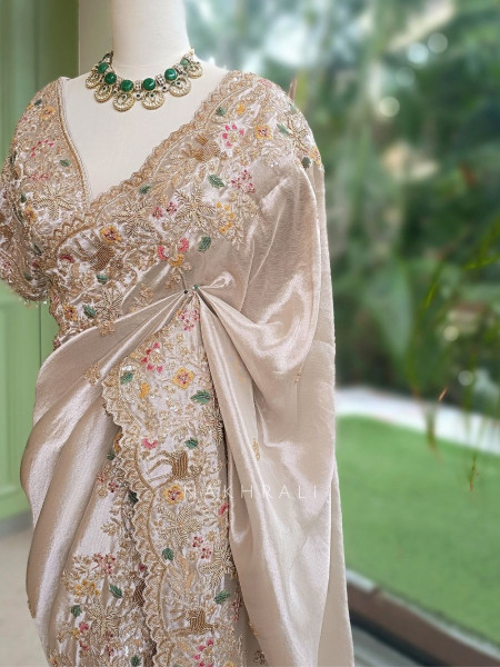 Mrigpushp Ivory Tissue Satin Designer Saree with Readymade Blouse