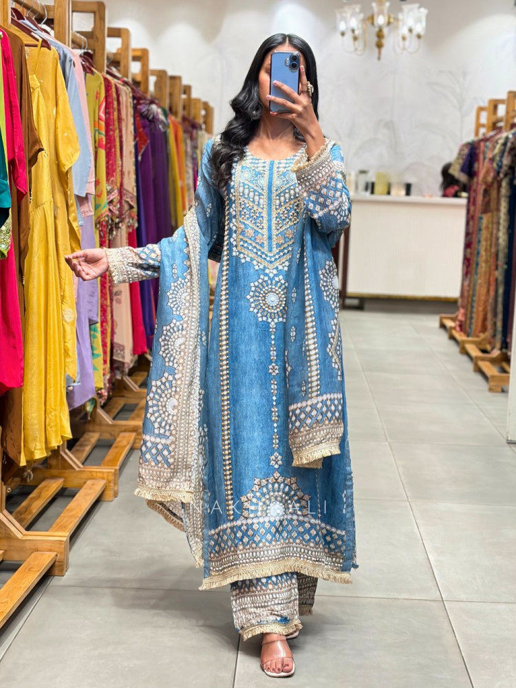 Image of Kavira Blue Printed Suit Set with Embroidery, Beads &amp; Stone Work