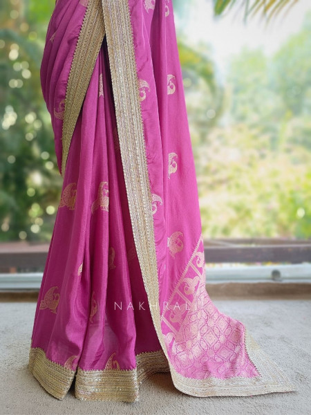Tavira Raspberry Saree with Broad Border and Unstitched Blouse Piece