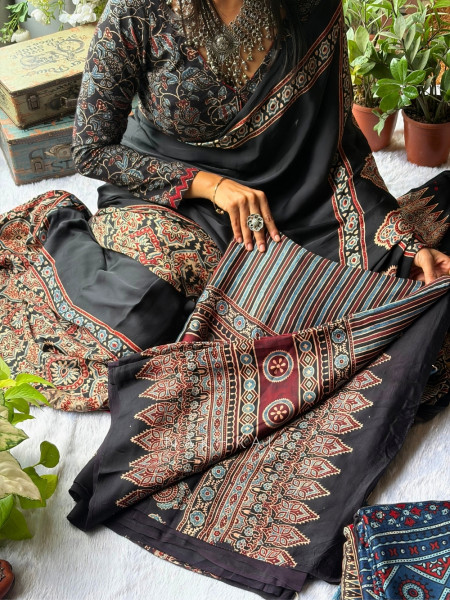 Vasudha Black Modal Silk Saree With Ajrakh Print