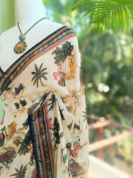 Nerix Black Printed Saree with Scenic Motif Border