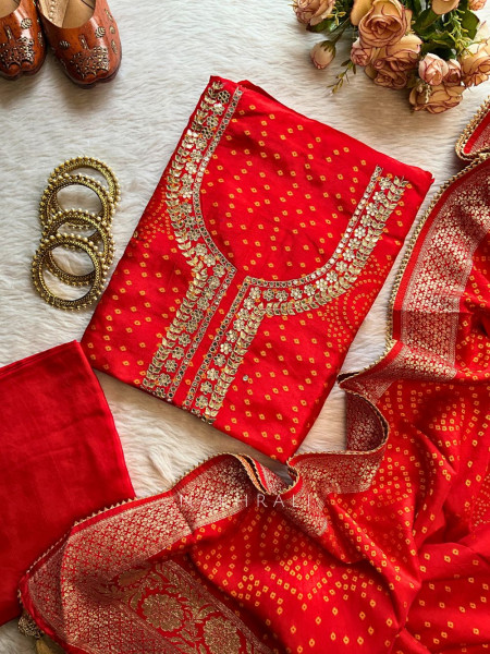 Aarohi Red Bandhej Dress Material with Gota Patti Neckline