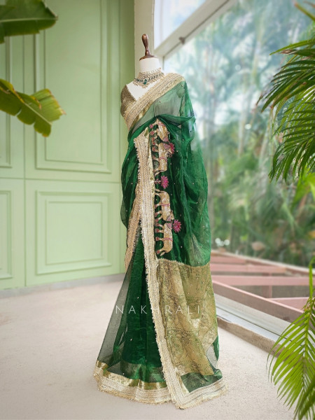 Vraj Ras Green Banarasi Tissue Silk Saree – Hand Embroidery & Zari Border