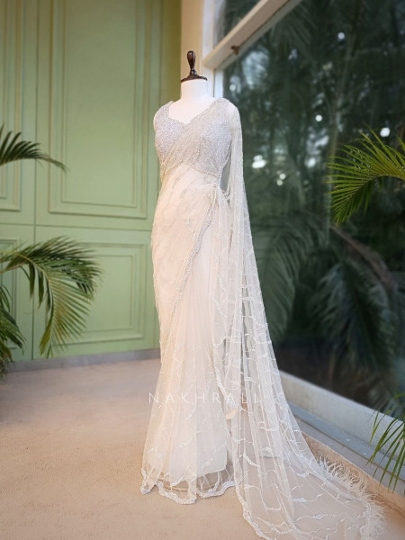 Lumina White Net Saree with Cut Dana & Bead Work