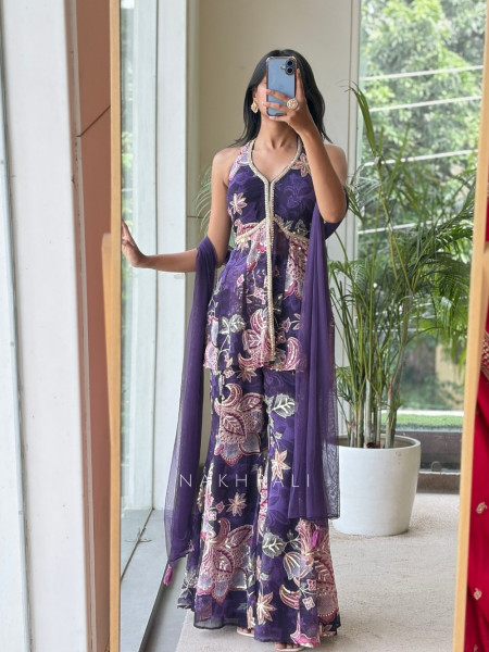 Gulbahar Purple Indo-Western Peplum Sharara Set