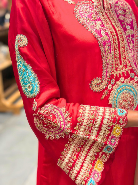 Resham Rang Red Silk Blend Farshi Suit Set With Zari, Zardozi & Resham Embroidery