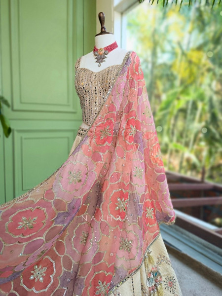 Darpan Pink Silk Corset Lehenga with Mirror Work