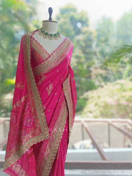 Surahi Magenta Pure Georgette Crepe Silk Bandhani Saree with Gota Patti Zardozi Border