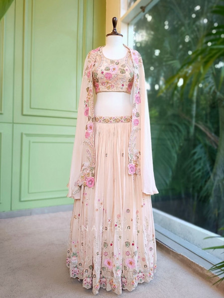 Ira Beige Embroidered Crop Top Skirt Set with Cape Dupatta