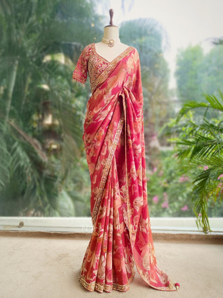 Avnita Red Floral Saree with Embellished Readymade Blouse