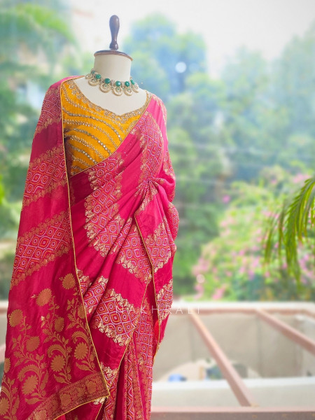 Pravahini Magenta Bandhani Saree with Sequin, Cut Dana & Mirror Work Readymade Blouse
