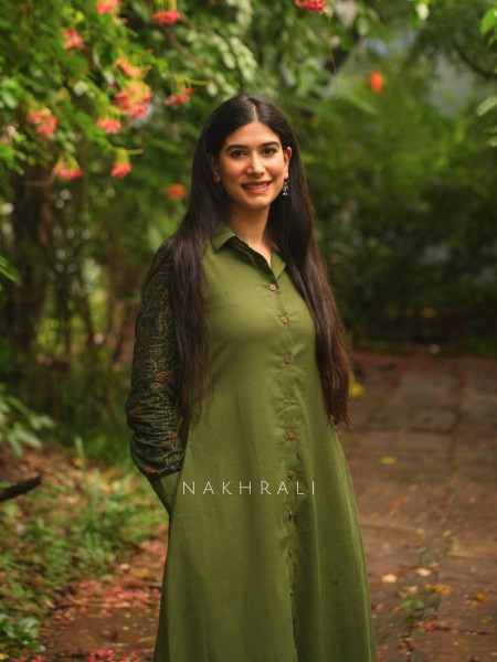 Sahir Green Cotton Button-Down Dress