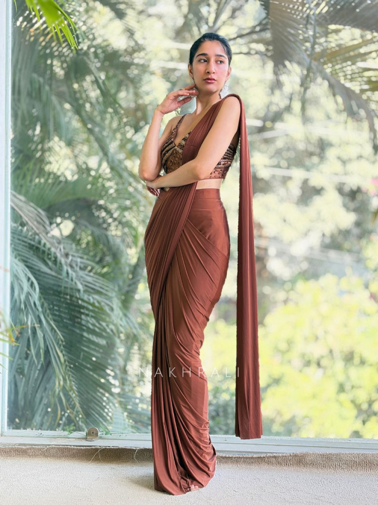 Image of Riona Brown Sequin Drape Saree with Cut Dana Blouse