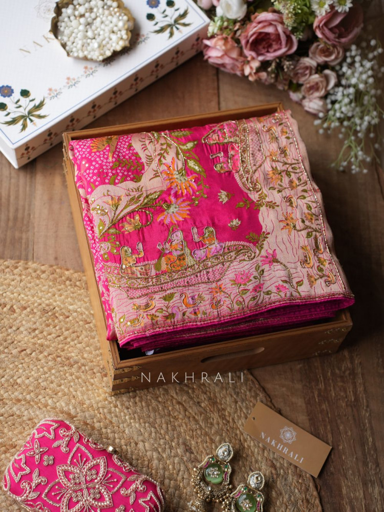 Image of Heritage Bloom Red Gaji Silk Saree With Bandhani, Marodi &amp; Gota Work