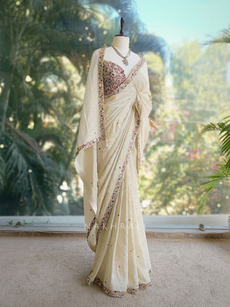 Eclipse Cream Crushed Tissue Saree with Sequin and Pearl Work