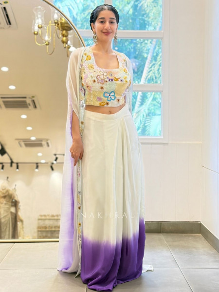 Seraphina White Purple Crop Top Skirt Set with Cape Dupatta