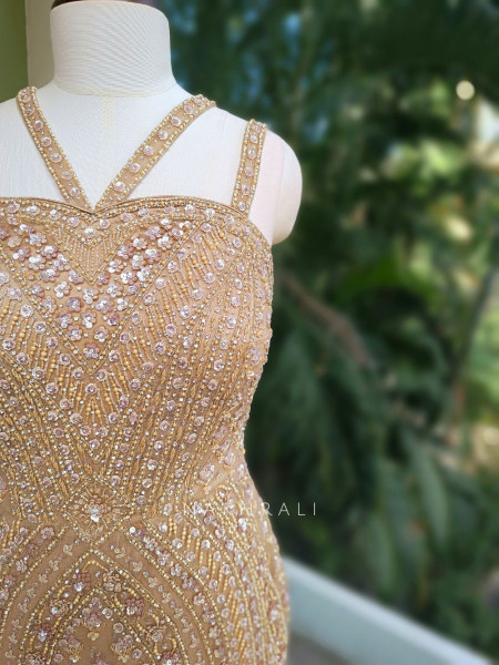 Aria Beige Sequin Cut Dana Gown with Pearl Detailing