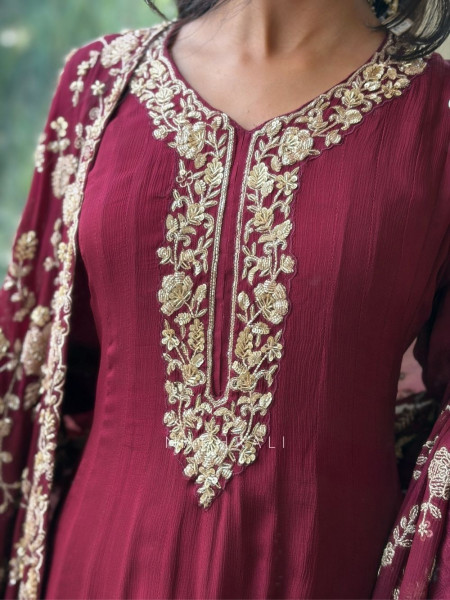 Gulnaaz Maroon Premium Faux Georgette Anarkali Suit Set