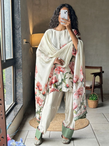 Elysian Cream Satin Farsi Suit Set With Floral Print